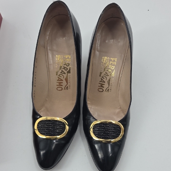 Salvatore Ferragamo Black Heels with Gold Trim - Picture 2 of 12